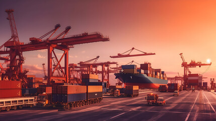 Modern System transportation and logistic import export and transport industry of truck container cargo ship and cargo plane with working crane bridge in shipyard at sunset sky Generative AI