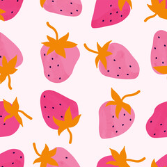 Seamless abstract pattern with strawberries and leaves. Endless background with colorful strawberries, leaves and watercolor texture. Lightweight design for textiles, packaging, decorations, prints.