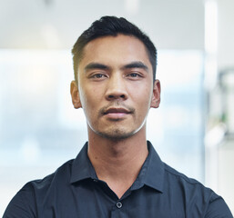 Naklejka premium Portrait, serious and man with a career, business owner and company growth in the workplace. Face, male person or employee with startup success, professional or career with formal wear and consultant
