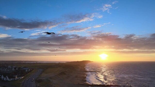 HD of the seagulls over the sea at sunrise. The Bournemouth beach