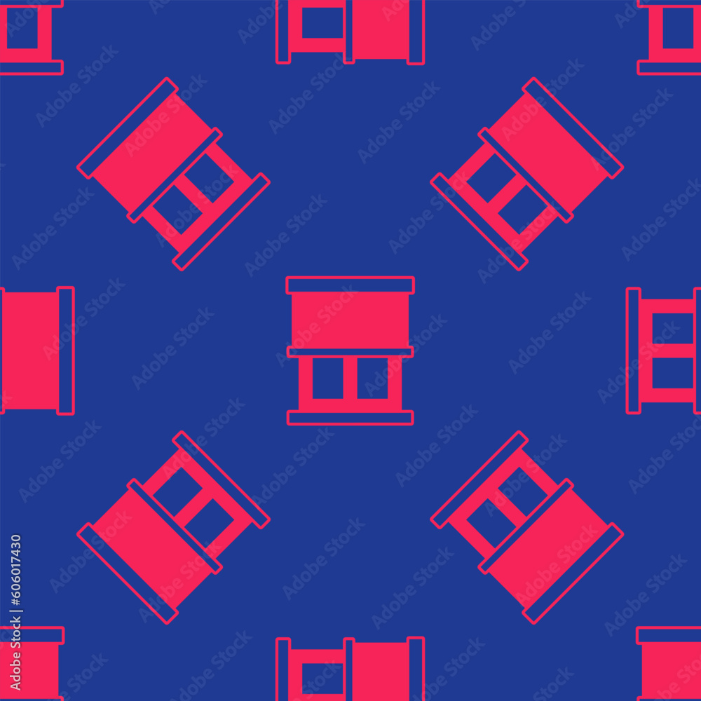 Poster red window with curtains in the room icon isolated seamless pattern on blue background. vector