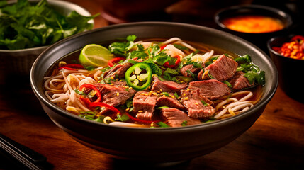 Steaming Bowl of Pho: A Delightful Vietnamese Noodle Soup Experience. Generative AI.