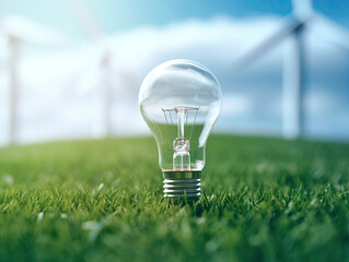 A transparent lightbulb stands on a sunny day in a meadow with wind turbines in the background. Concept motif on the theme of green energy, alternative energy and green electricity.