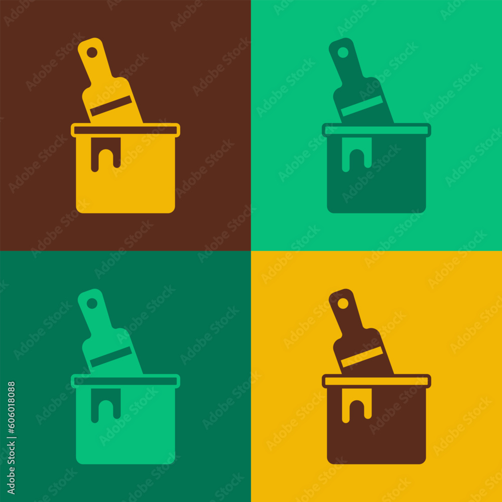 Poster pop art paint bucket with brush icon isolated on color background. vector
