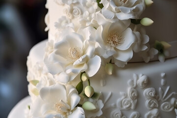 Obraz na płótnie Canvas Delicate floral decor of elegant flowers of the color of melted milk on a wedding cake close-up. Big beautiful three-tiered birthday cake. Generative AI.