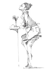 Woman drinks a cocktail at the bar. Silhouette of a female figure. Line drawing of a girl