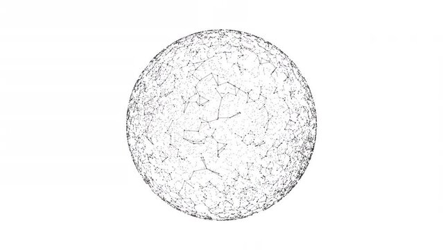 Abstract plexus sphere made of black dots and lines on a white background. Looped 4k animation.