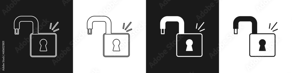 Poster set open padlock icon isolated on black and white background. opened lock sign. cyber security conce