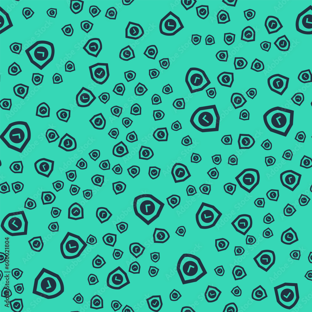 Poster black shield with check mark icon isolated seamless pattern on green background. protection symbol. 