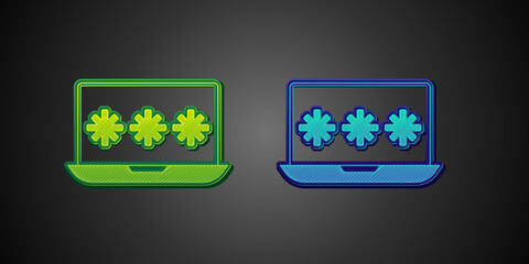 Green and blue Laptop with password notification icon isolated on black background. Security, personal access, user authorization, login form. Vector