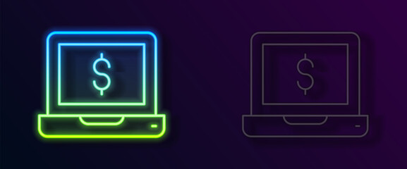 Glowing neon line Laptop with dollar icon isolated on black background. Sending money around the world, money transfer, online banking, financial transaction. Vector