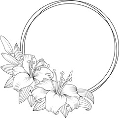 Vector round double frame with lily flower. Vector illustration for wedding invitations, birthday, thank you card.