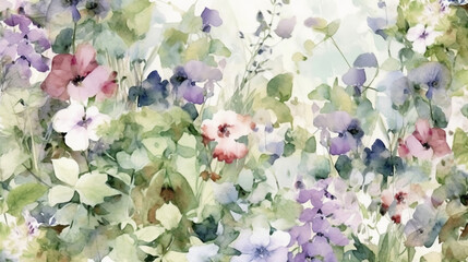 Elegant english country garden, watercolor, scrapbook paper, uplighted, white background, high contrast, beautiful colors. AI generative