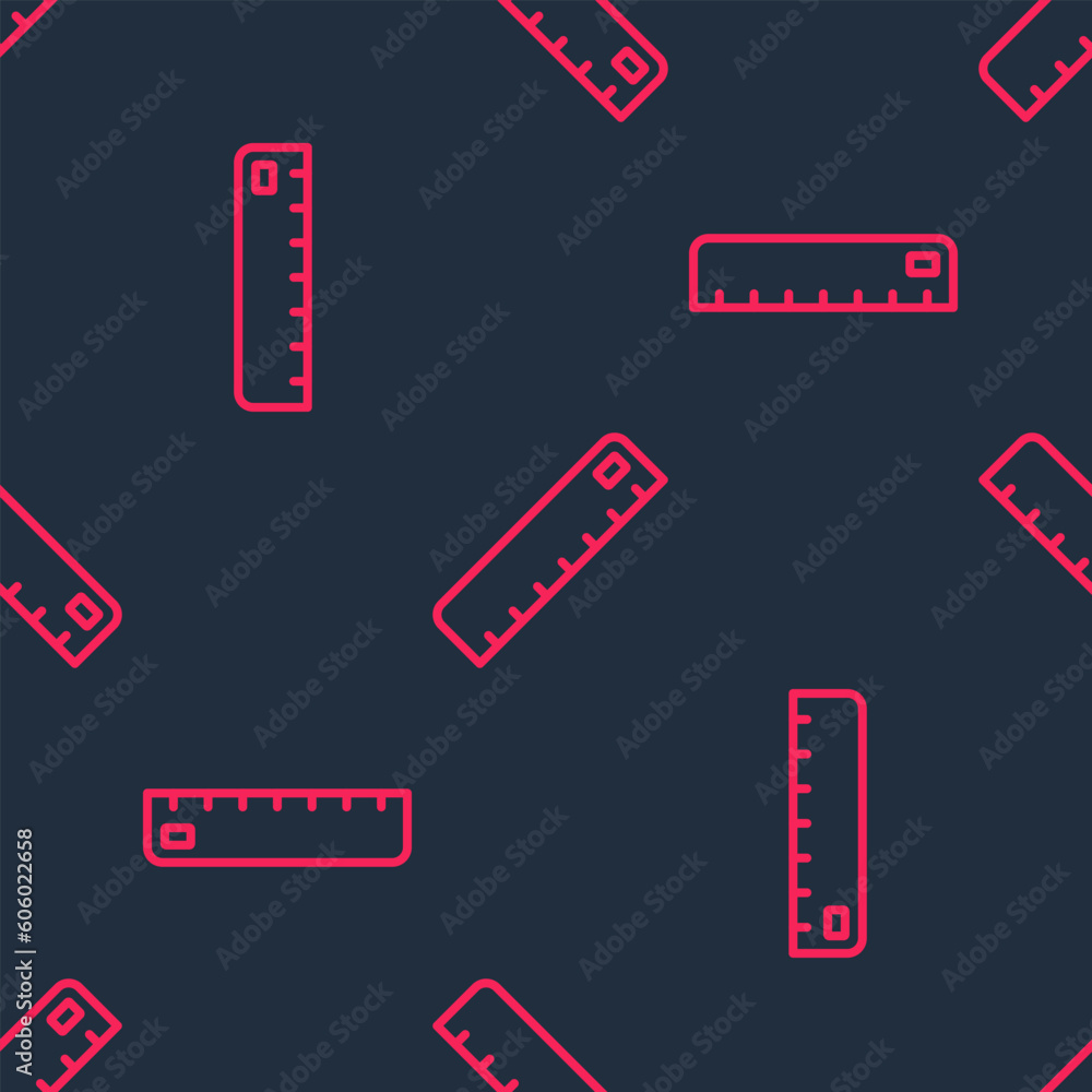 Poster red line ruler icon isolated seamless pattern on black background. straightedge symbol. vector