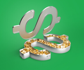 3D render. In the shape of a dollar suitcase on a green background. The suitcase box is open. From plush pennies.