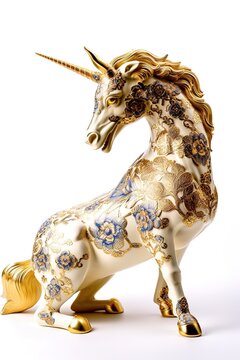 Unicorn &ldquo;made of gold Imari china, intricate, highly detailed, studio lighting, isolated white background
