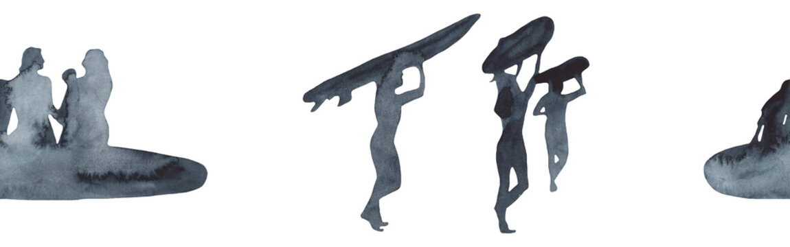 Surf group lessons with family decorative border with family riding on surfboard over waves blue color illustration isolated on white background.