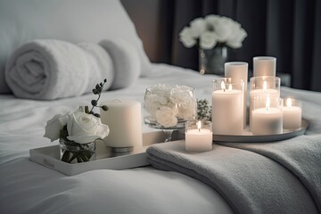 relaxing atmosphere with candles, flowers and towels on a bed. Generative ai