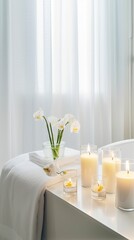 relaxing spa ambience with candles, flowers and towels. Generative ai