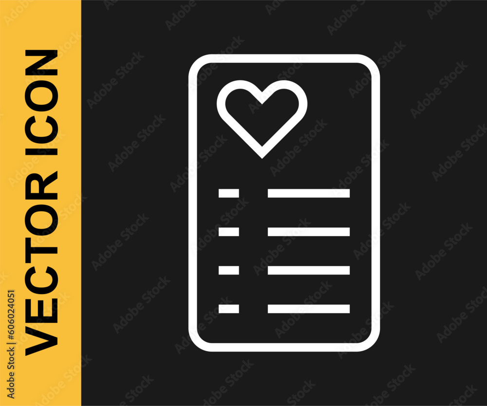 Poster White line Shopping list icon isolated on black background. Vector