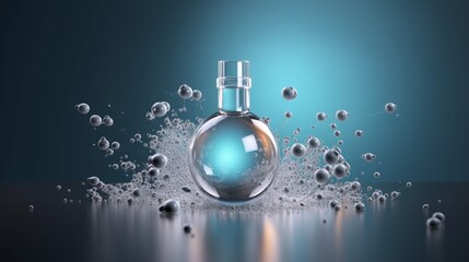 粧品エッセンス、液体の泡、DNAの水しぶきを背景にした液体上の分子、3DレンダリングGenerativeAI