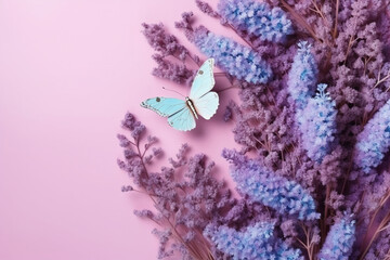 Flowers composition. flowers and eucalyptus leaves and butterfly on pastel purple background. AI generative