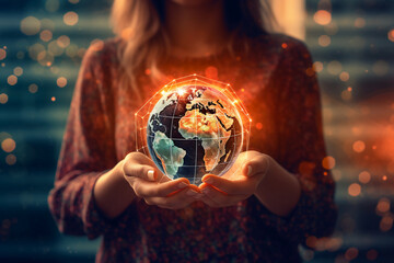 Fototapeta premium woman hands holding world of global network and data customer connection on nature background. AI generative