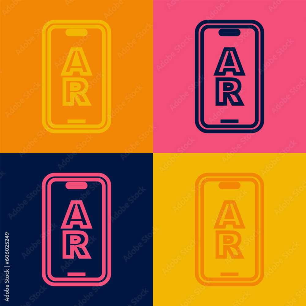 Poster pop art line augmented reality ar icon isolated on color background. virtual futuristic wearable dev