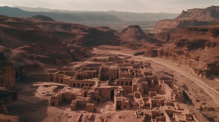 The breathtaking aerial perspective showcases the grandeur of the Petra ruins in Jordan, with its extensive network of ancient structures. Generated by AI.