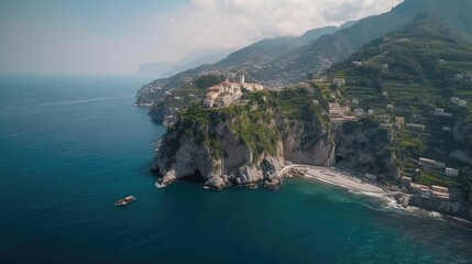 The breathtaking aerial perspective showcases the enchanting beauty of the Amalfi Coast in Italy, with its colorful buildings perched on cliffs. Generated by AI.
