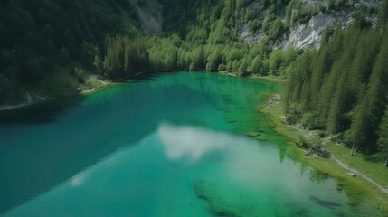 The breathtaking footage captures a beautiful alpine lake nestled among majestic mountains, creating a serene and awe-inspiring landscape that showcases the raw beauty of nature. Generated by AI.