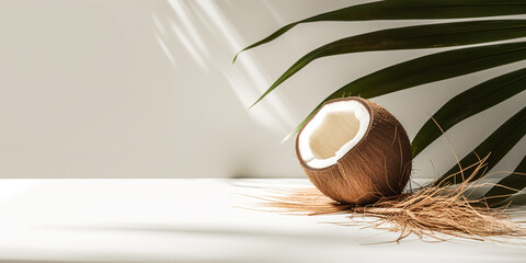 Fototapeta premium Coconut fruit background.Empty beige room with coconut, tropical leaf.Summer concept .Vacation Template, mockup for covers, sale baner, cosmetic ads. Minimal product presentation scene. Generative ai