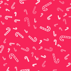 White line Christmas candy cane with stripes icon isolated seamless pattern on red background. Merry Christmas and Happy New Year. Vector