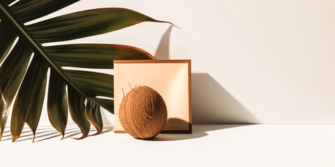 Coconut fruit background.Empty beige room with coconut, tropical leaf.Summer concept .Vacation Template, mockup for covers, sale baner, cosmetic ads. Minimal product presentation scene. Generative ai