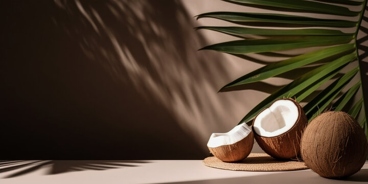 Coconut background.Cosmetic, spa, resort template. Empty room with coconut, tropical leaf.Summer concept .Vacation.mockup for covers,sale baner, cosmetic ads.Product presentation scene. Generative  Ai