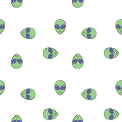 Seamless pattern with Aliens green heads in doodle flat style. Humanoids, visitors, Martians. Vector illustration, wallpaper on theme of space, UFO, conspiracy theory, Sci-fi, fantastic