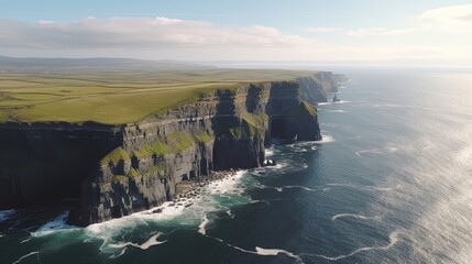 Witness the grandeur of the Cliffs of Moher in Ireland, as showcased in captivating drone footage. Generated by AI.