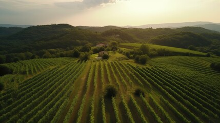 Fototapeta premium Immerse yourself in the enchanting beauty of a vineyard in Tuscany, Italy, captured through breathtaking drone footage. Generated by AI.