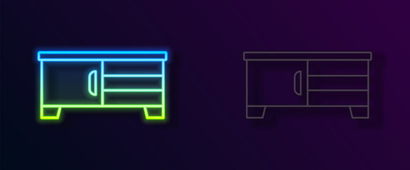 Glowing neon line TV table stand icon isolated on black background. Vector