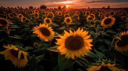 Immerse yourself in the beauty of a sun-kissed field adorned with sunflowers, as they turn their heads towards the sun. Generated by AI.