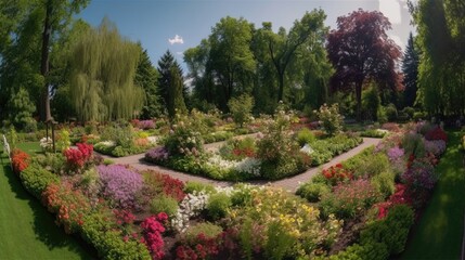Obraz premium Experience a visual feast for the senses as you explore a beautiful garden in full bloom. Be mesmerized by the kaleidoscope of colors. Generated by AI.