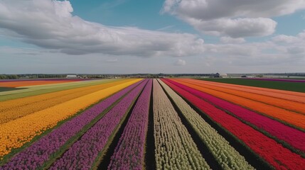 Feast your eyes upon the kaleidoscope of colors in the tulip fields of the Netherlands, where meticulously planted rows of tulips in various shades of red. Generated by AI.