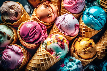 Surtido de conos de helados artesanales y cremosos de diferentes sabores, colorido. fresa mora, melocotón,. Concepto de postre de verano y dulce.