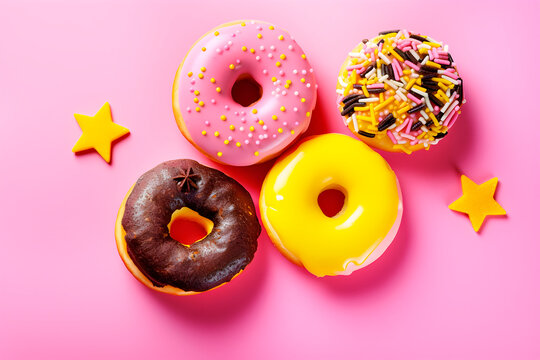 Deliciosos donuts glaseados y coloridos con chispitas en fondo de papel rosa. Vista desde arriba de los postres. Concepto postres y dulces