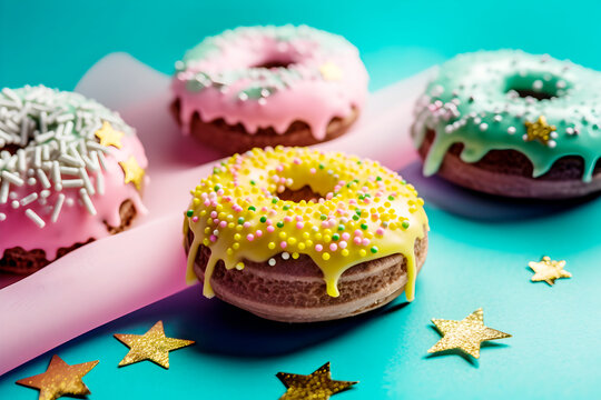 Deliciosos donuts glaseados y coloridos con chispitas y estrellas doradas en fondo para fiestas de cumplea&ntilde;os y celebraciones.