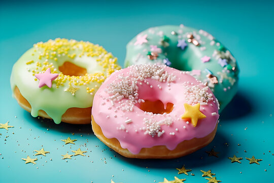 Deliciosos donuts glaseados y coloridos con chispitas y estrellas doradas en fondo para fiestas de cumplea&ntilde;os y celebraciones.