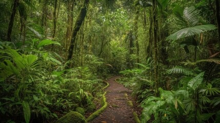 Fototapeta na wymiar Journey into the heart of Costa Rica's rainforest on a mesmerizing walk, where a tapestry of lush greenery, towering trees. Generated by AI.