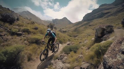Immerse yourself in the excitement of a mountain biking adventure, as you navigate through diverse trails, conquer steep descents. Generated by AI.
