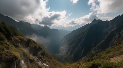 Naklejka premium Delight in the ever-changing panorama of clouds gracefully drifting over the mountain peaks. Generated by AI.