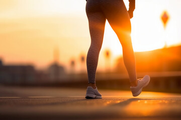 blurry of athlete woman runner stretching leg preparing at sunset. AI generative - obrazy, fototapety, plakaty